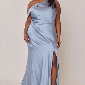 Revelry Livvy One-Shoulder Satin Dress in Light Blue